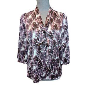 Worthington Womens Purple Satiny Blouse Vneck Tie Fairy Goth 3/4 Sleeve Size PS